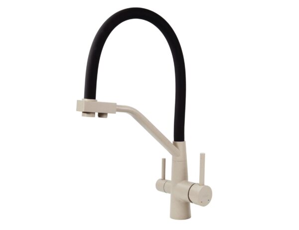 Смеситель VIKO для кухни под фильтр с гибким изливом Ø35, нерж. сталь (корпус/излив: бежевый мрамор/черный)