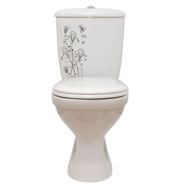 Унитаз-компакт "ОК" белый косой выпуск Суперкомпакт декор Цветы смыв щелевой