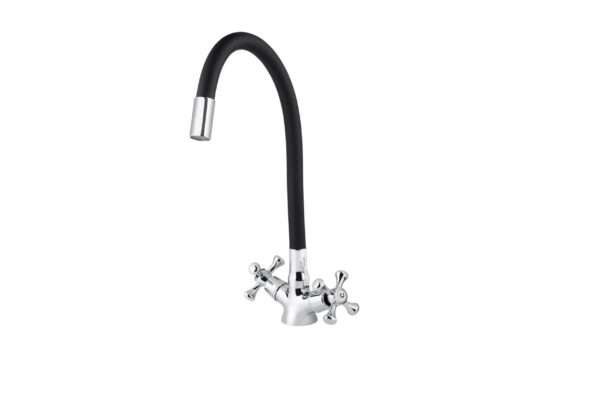 Смеситель VIKO кухня крест керамика с черным гибким изливом с гайкой