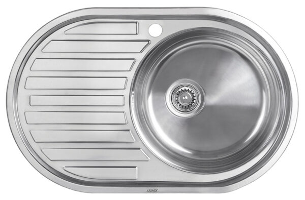 Мойка из нержавейки "KAISER" врезная 770x500*180*0.8mm хром овальная правая/сифон