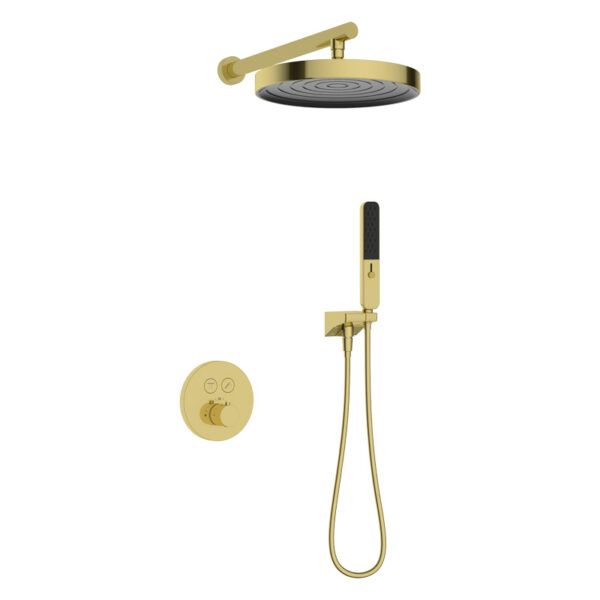 Душевая система KAISER Sano с термостатом скрытого монтажа, поворотн. держатель (4-jet, стац. лейка Ø300*33mm) /Шлифованное золото