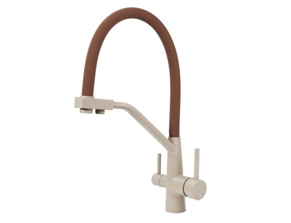 Смеситель VIKO для кухни под фильтр с гибким изливом Ø35, нерж. сталь (корпус/излив: бежевый мрамор/коричневый)
