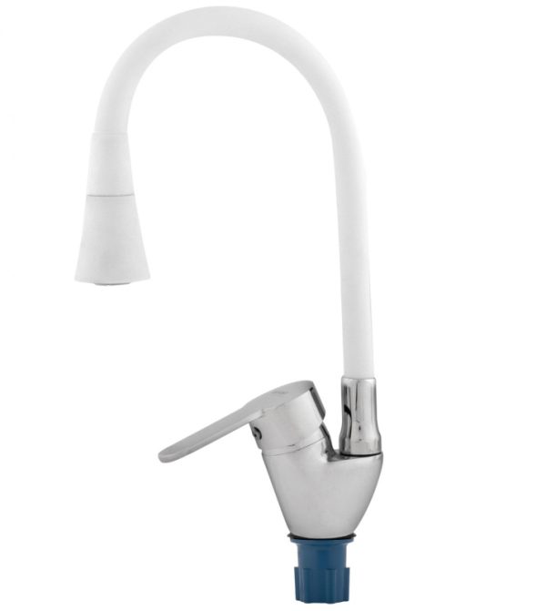 Смеситель для кухни Однорыч. излив гибкий,силик 2-х режим. карт.40 белый (латунь) RUSANT PC-К 466-01