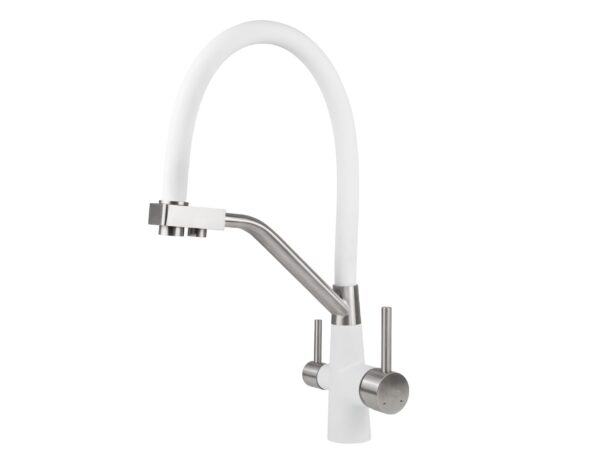 Смеситель VIKO для кухни под фильтр с гибким изливом Ø35, нерж. сталь (корпус/излив: белый, серебро/белый)