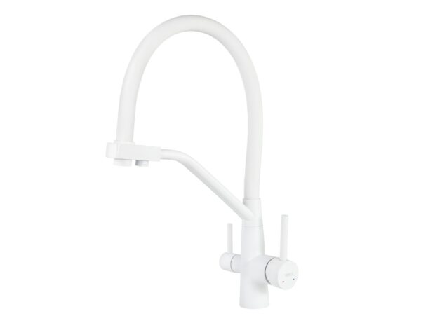 Смеситель VIKO для кухни под фильтр с гибким изливом Ø35, нерж. сталь (корпус/излив: белый матовый)